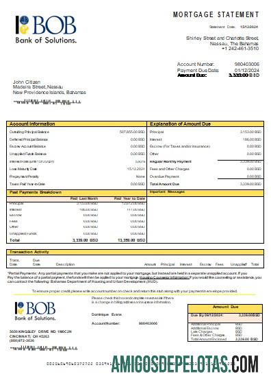 Declaração de hipoteca do Bahamas Bank Of The Bahamas Bank exemplo real